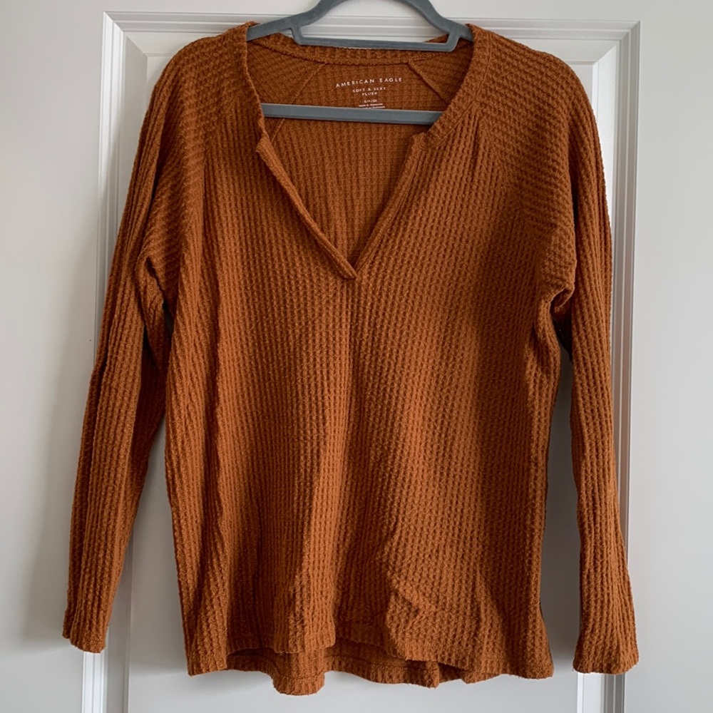 AE Soft & Sexy Chesnut Waffle Knit V-Neck Long Sleeve